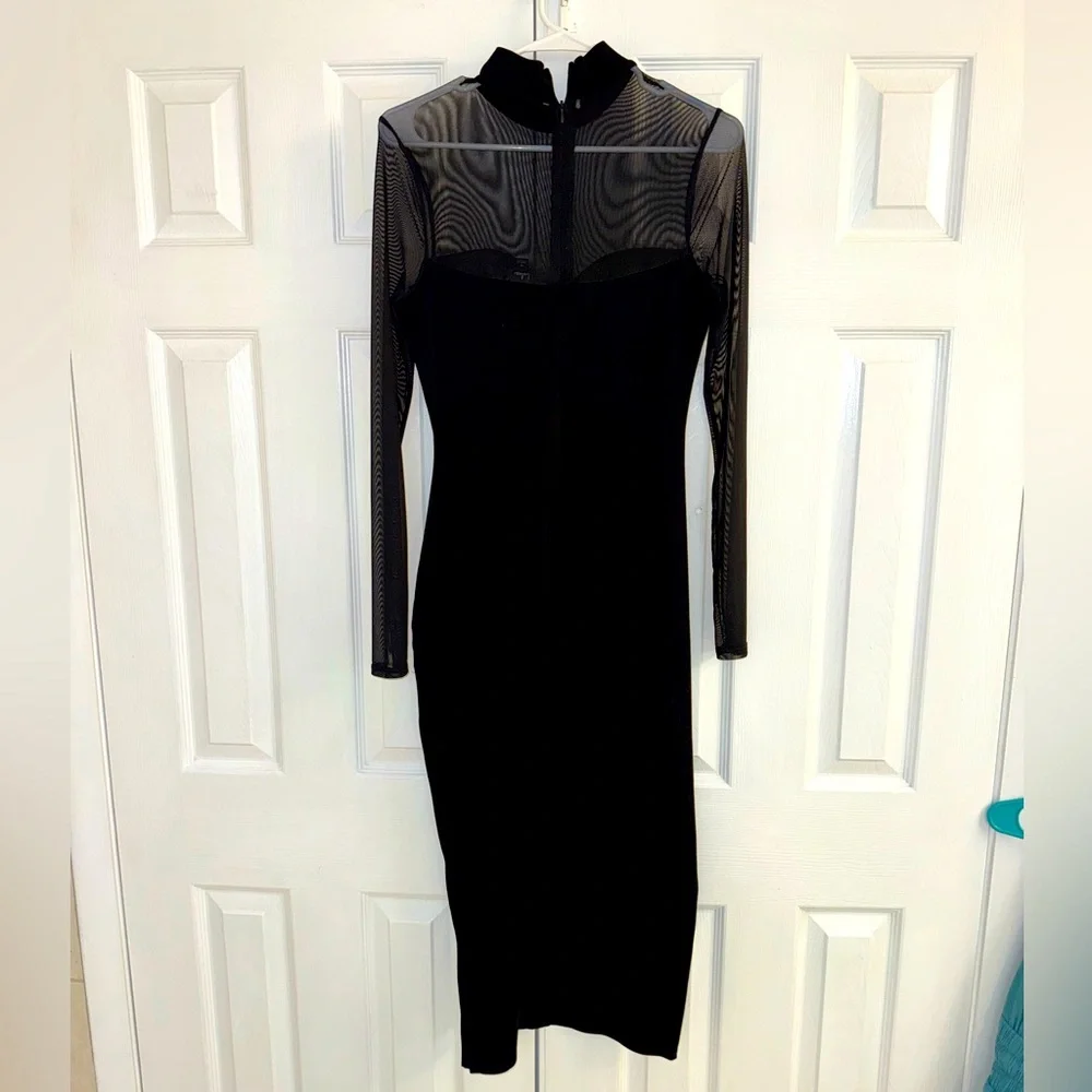 Lulus: Like New - Elegant Black Mesh Sleeve Dress Size Medium - Picture 2 of 3
